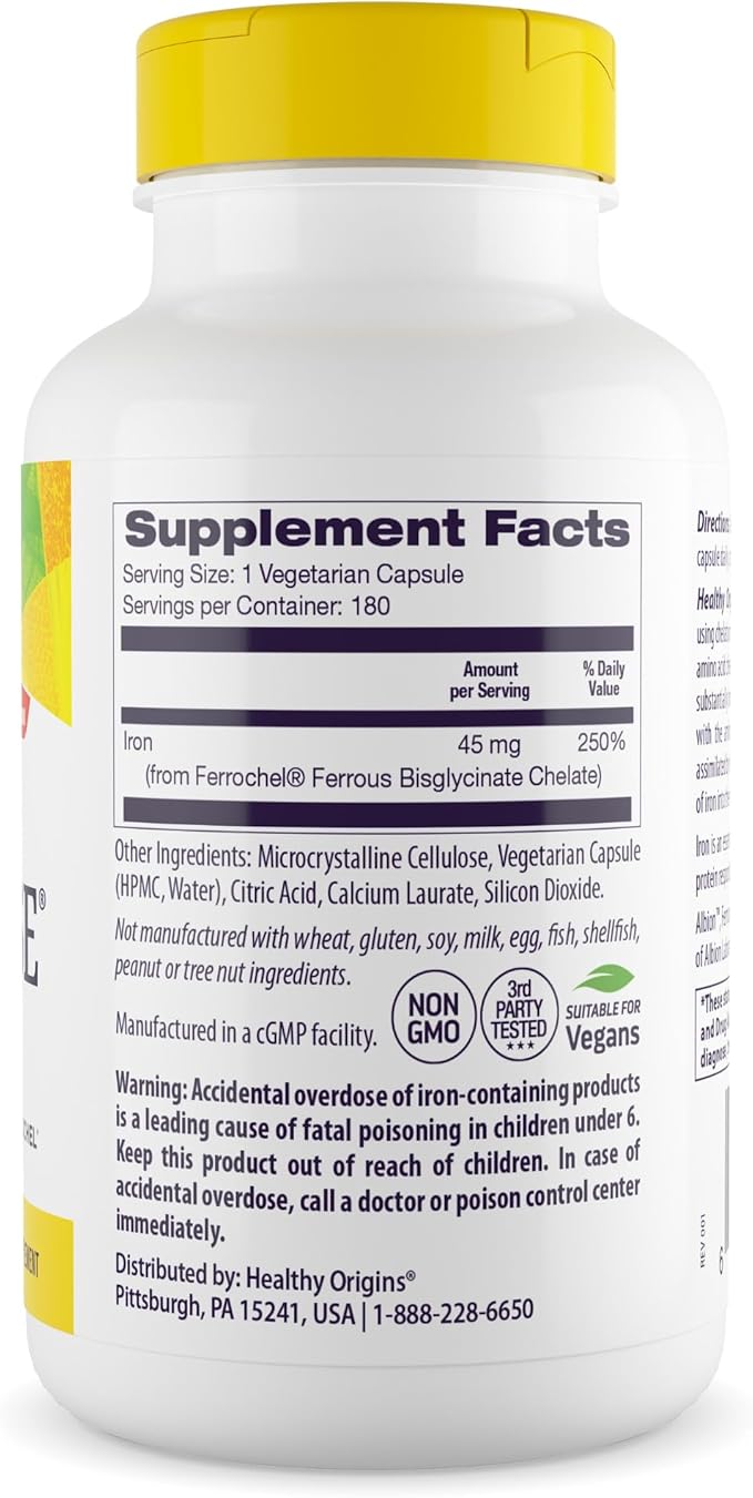 Healthy Origins Iron Ease 45 mg, 180 Veggie Capsules - Albion Ferrochel Ferrous Bisglycinate Chelate - Gentle, Non-Binding & Bioavailable, Supports Blood Cell Health & Energy Levels - 6 Month Supply
