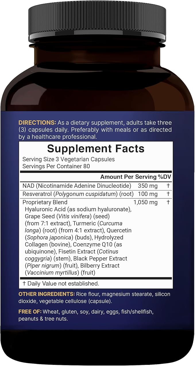 NatureBell NAD+ Complex 1,500mg Per Serving, 240 Veggie Capsules | NMN Supplement Alternative | NAD Plus Resveratrol, Hyaluronic Acid, Quercetin, Fisetin, Collagen, & More – Non-GMO