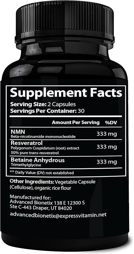 Advanced Bionetix NMN Resveratrol Betaine (TMG) Capsules – NAD⁺ Support Booster for Cellular Energy, Longevity, Metabolic Health Anti Aging Vitality, Advanced Formula Made in USA