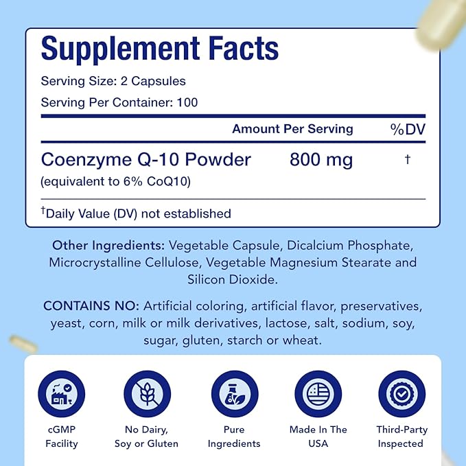 CoQ10 800mg Capsules | Vegan Friendly Coenzyme Q10 800mg from Easy Absorption Ubiquinone Supplement for Skin Heart and Energy Support | Made in The USA in cGMP Facilities (100 Servings)