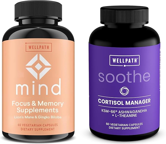 WellPath Mind Brain Supplement for Memory and Focus with Lion's Mane and Soothe Cortisol Manager with KSM-66® Ashwagandha & L-Theanine