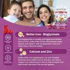 Iron Supplement Gummies for Kids - with Calcium, Zinc, Kids Multivitamin with Iron Gummies - Immune Support, Blood Builder & Energy Support for Iron Deficiency, Anemia, Vegan - 60 Count Grape Flavor