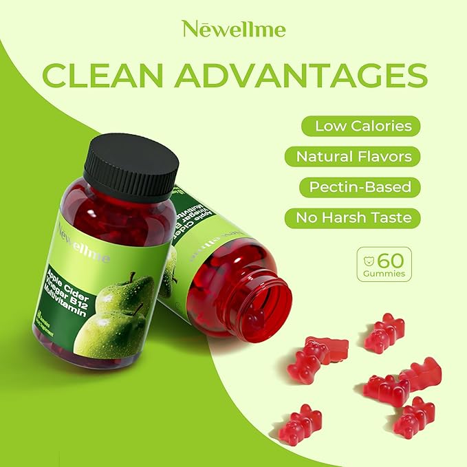 NEWELLME ACV Gummies with The Mother & B12 – Sugar-Free, Great-Tasting Vegan Gummies for Digestion, Metabolism & Daily Energy Support, 90 Count