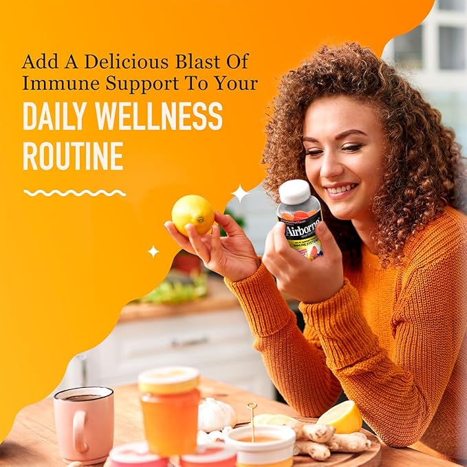 Airborne Immune Support Gummies, Zesty Orange Flavor, 63 ct - 750 mg Vitamin C + Vitamins A, D & E + Zinc, Selenium, and Manganese | with Herbal Blend | Naturally Flavored (4 Pack)