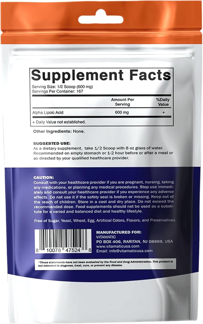 Vitamatic Pure Alpha Lipoic Acid (ALA) 600mg Per Serving - 167 Servings - Non-GMO & Gluten Free