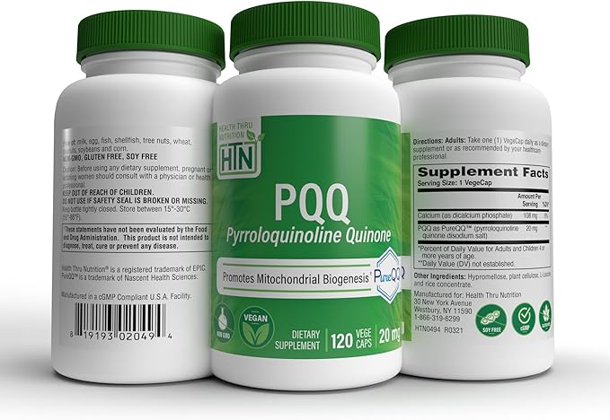 Health Thru Nutrition PQQ 20mg 120 Servings Pyrroloquinoline Quinone as PureQQ | Promotes Mitochondrial Biogenesis | Certified Vegan | Non-GMO Gluten Soy Free Capsules| Clean Label PQQ Supplement