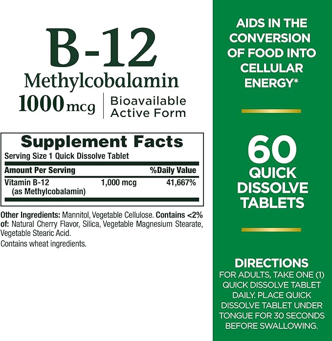 Nature's Bounty Vitamin B-12 Quick Dissolve Tablets,1000mcg,Aids in The Conversion of Food into Cellular Energy,Cherry Flavor,60ct,(Pack of 2)