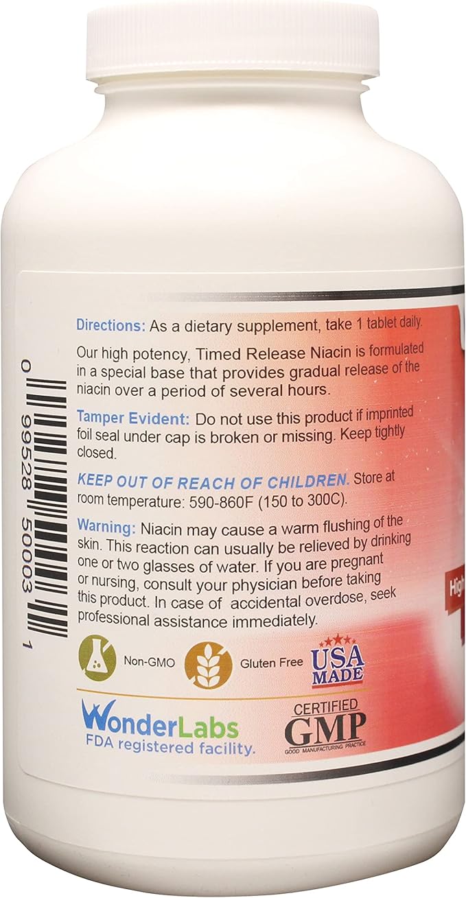 Wonder Laboratories High Potancy Time Release Niacin (Vitamin B3) 500 Mg 100 Tablets Non-GMO, Gluten Free Supplement