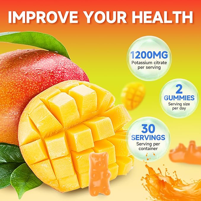 2 Pack Potassium Citrate Gummies, High Potassium Supplement Gummies 1200mg for Adults & Kids, Support Leg Cramps & Muscle Health, Vegan, Mango Flavor 120 Count