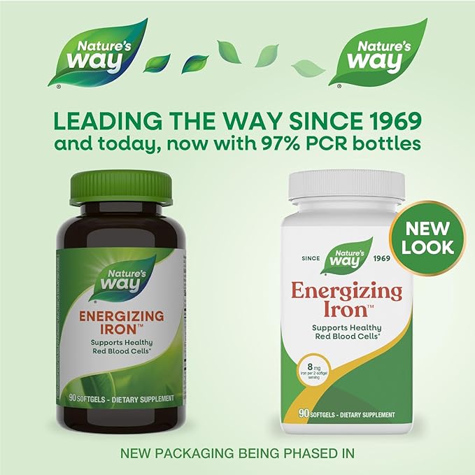Nature's Way Energizing Iron - Red Blood Cell Support* - 8 mg Iron, -200 mcg of Cyanocobalamin & Vitamin B12 per 2-Softgel Serving - Gluten Free - 90 Softgels