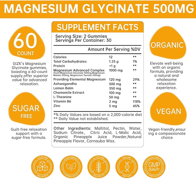 Magnesium Glycinate Gummies 500mg – Sugar Free Magnesium Gummies for Sleep, Stress, Muscle & Nerve Support – for Adults & Kids 4+, Vegan, No Melatonin (Pineapple Flavor, 60 Count)