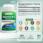 Best Naturals Vitamin B2 (Riboflavin) 100 mg 180 Tablets - Premium Formula - 3rd Party Lab Tested
