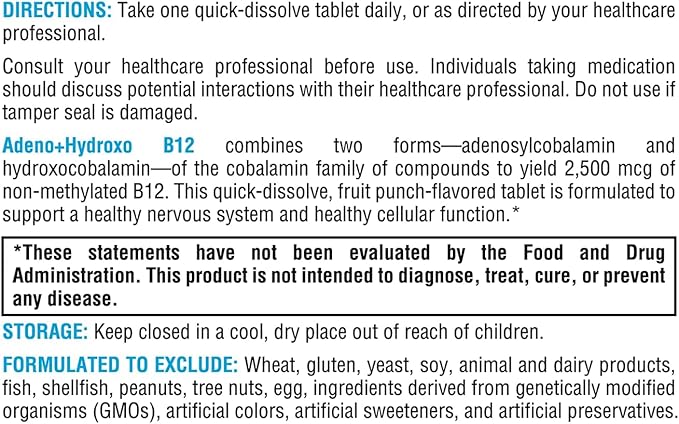 XYMOGEN Adeno+Hydroxo B12-2,500 mcg Non-Methylated Vitamin B12 - Nervous System & Cellular Energy Support - Quick-Dissolve Tablets - Fruit Punch Flavor - 60 Tablets