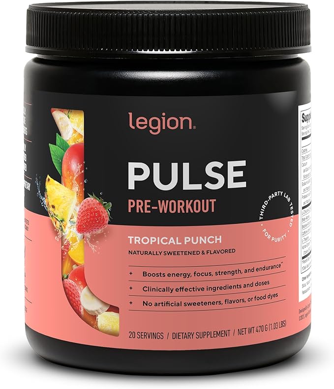 LEGION Pulse Pre Workout - All Natural Nitric Oxide Preworkout Drink to Boost Energy, Creatine Free, Naturally Sweetened, Beta Alanine, Citrulline, Alpha GPC (Tropical Punch)