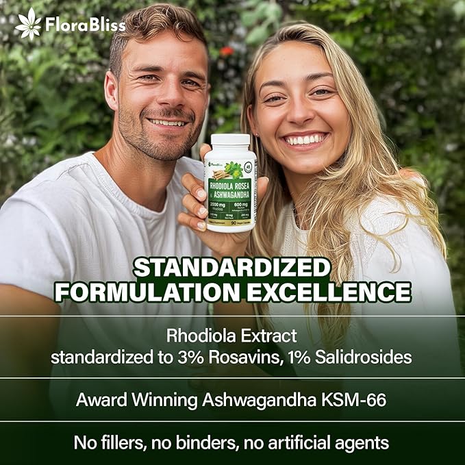 FloraBliss Rhodiola Rosea with Ashwagandha KSM-66, L-Theanine, Holy Basil & Black Pepper - 90 High Potency Vegan Capsules - 45-Day Supply - No Artificial Additives