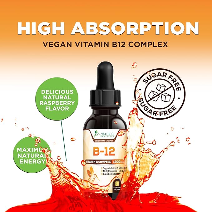 B-12 Vitamin Energy Drops (Methylcobalamin) Extra Strength Super B Complex - Sublingual B12 Liquid for Immune Support, Heart Health & Cellular Energy Support, Raspberry Flavored - 2 Fl Oz