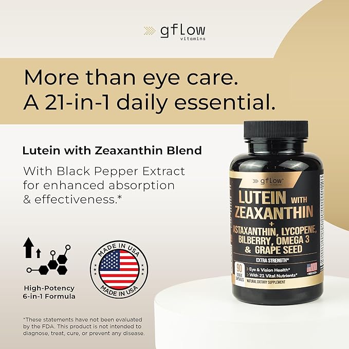 Lutein and Zeaxanthin Supplements - Advanced Eye Vitamins with Astaxanthin, Omega 3, Resveratrol, Bilberry, Lycopene, Quercetin, Ginkgo Biloba, Vitamin D | Health Vision | Made in USA