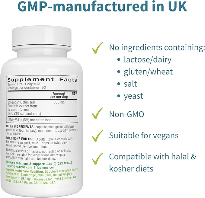 Igennus Longvida Lipidated Curcumin 500mg, Ultra Bioavailable & Sustained Action, 65x Higher Plasma Levels, Intensive Support, Free-Form Curcumin, Vegan, 90 Capsules