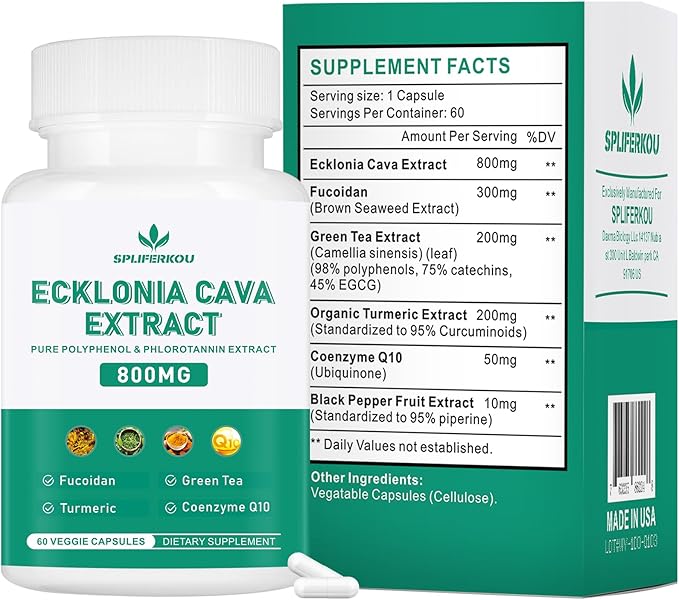 Spliferikou Ecklonia Cava Extract, 800mg, 60 Veggie Capsules with Fucoidan, Green Tea, Turmeric, CoQ10, Dietary Supplement