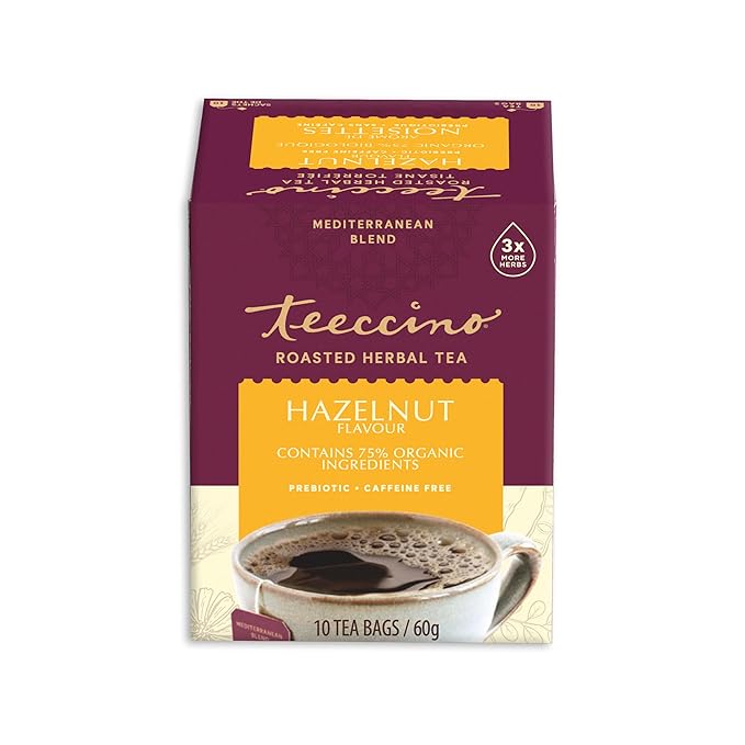 Teeccino Hazelnut Roasted Herbal Tea - Caffeine Free, Prebiotic, 3x More Herbs - 10 Tea Bags