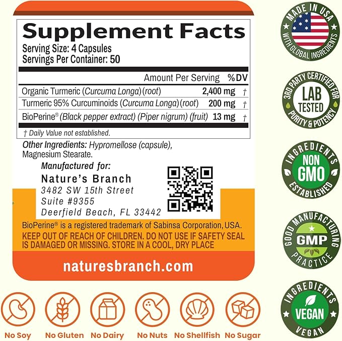 Turmeric Curcumin Supplement 2600mg | Organic Turmeric Powder - 95% Curcuminoids, 200 Capsules - Extra Strength for Joint Support with Black Pepper - High Absorption, BioPerine Extract, Vegan Pills