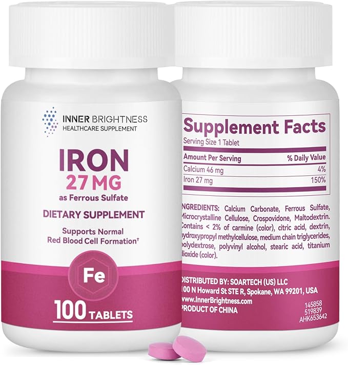 Inner Brightness Iron Supplement, Iron 27mg Iron Supplement for Women, 100 Tablets, 100 Day Supply, Daily for Adults, Red Blood Cell Support, Gentle on Stomach