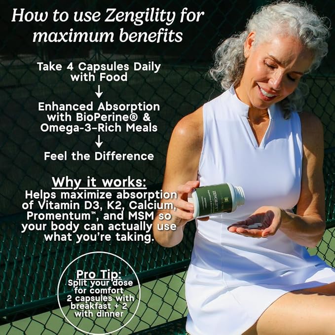 Zen Principle Zengility™ Joint Support & Bone Strength Supplement – Fast-Acting Relief with MSM, Plant Calcium, Vitamin K2 & D3. Shellfish-Free Vegan Formula for Mobility & Comfort. 120 Capsules