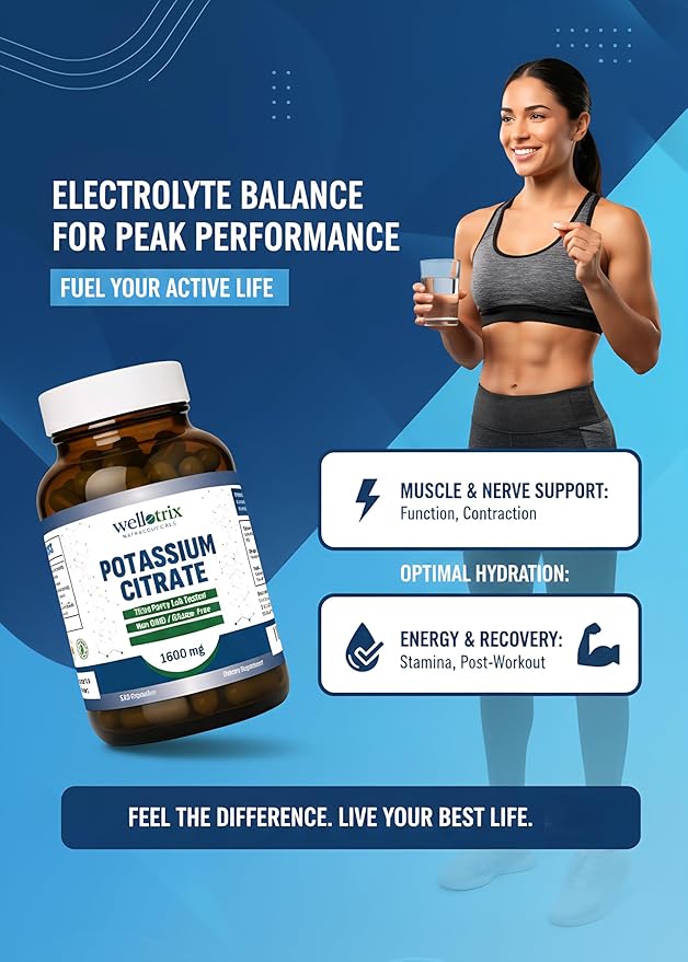 Wellotrix Potassium Citrate 1600 mg – 120 Vegan Capsules – Electrolyte Balance, Kidney Support, Urinary pH Health – Non-GMO, Gluten-Free, Made in USA – Vegan Formula