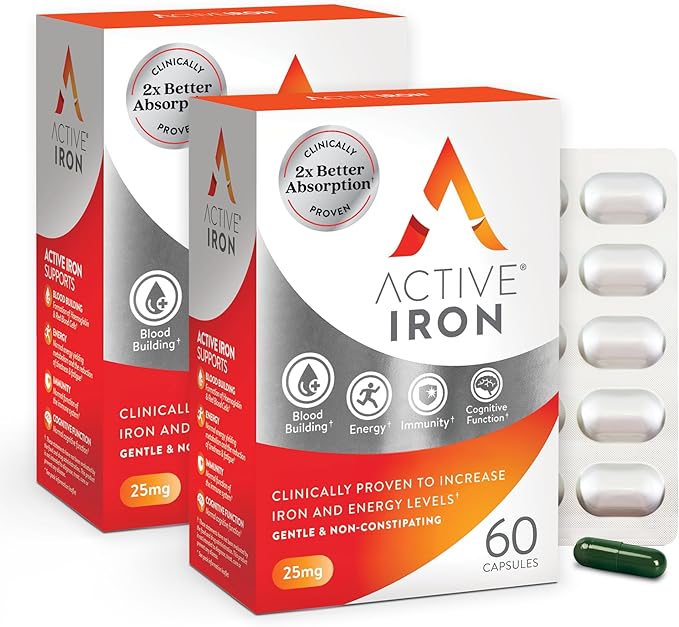 Active Iron Supplement 25mg, Clinically Proven to Increase Iron & Energy Levels, Maximum Absorption, Gentle, Non-Constipating, Avoids Nausea & Side Effects, 120 On-the-Go Foil Protected Capsules