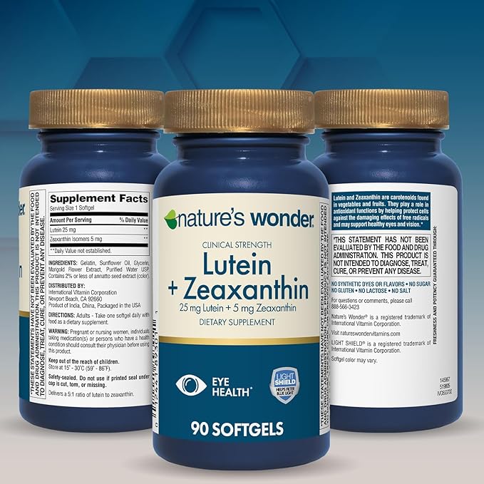 Nature's Wonder Clinical Strength Lutein 25 mg with Zeaxanthin 5 mg softgels for Adults, Supports Vision & Eye Health, Gluten Free, No Artificial Colors 90 Days Supply