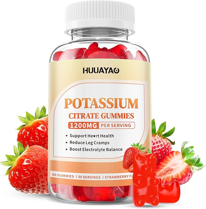 Potassium Citrate Gummies 1200mg for Adults, Women & Men Chewable Potassium Supplement for Muscle Health & Electrolyte Support Sugar Free, Strawberry Flavor, 60 Count