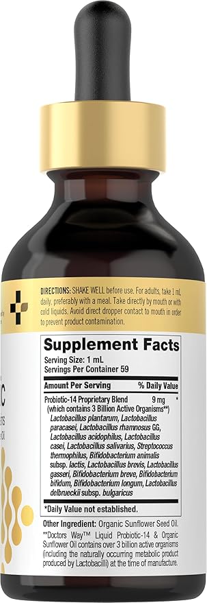 Doctor's Way Liquid Probiotic for Women and Men | 3 Billion CFU | 2 fl oz | 14 Strains with Organic Sunflower Oil | Non-GMO, Gluten Free Supplement