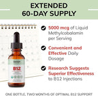 USDA Organic Vitamin B12 Liquid Drops 5000 mcg, Methylcobalamin, Sublingual, Fast Absorption, Cellular Energy, Metabolism Support, Nervous System, Mental Focus, Vegan, Non-GMO, 2 fl oz, 60 Servings