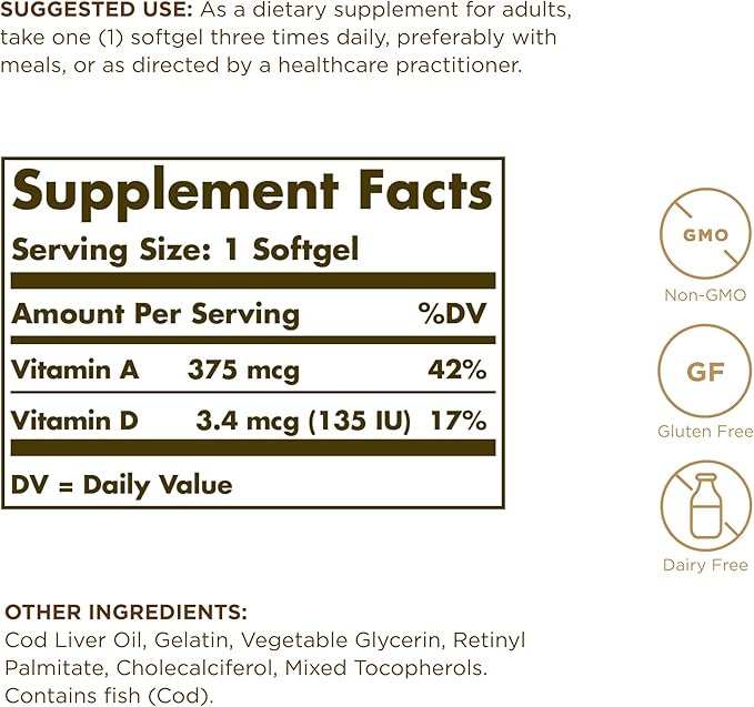 Solgar Cod Liver Oil - 100 Softgels - Provides Vitamins A & D - Non-GMO, Gluten Free - 100 Servings