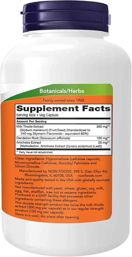 NOW Foods Supplements, Silymarin Milk Thistle Extract 300 mg with Artichoke and Dandelion, Double Strength, Supports Liver Function*, 250 Veg Capsules (1)