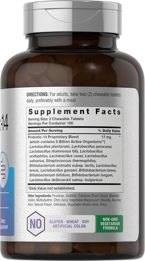 Horbäach Probiotics 6 Billion CFUs | 200 Chewable Tablets | Berry Flavor | 14 Probiotic Strains | Vegetarian, Non-GMO & Gluten Free Supplement for Men & Women
