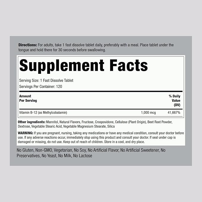 Piping Rock Vitamin B12 1000 mcg Sublingual | 120 Tablets | as Methylcobalamin | Berry Flavor | Vegetarian, Non-GMO, Gluten Free Supplement