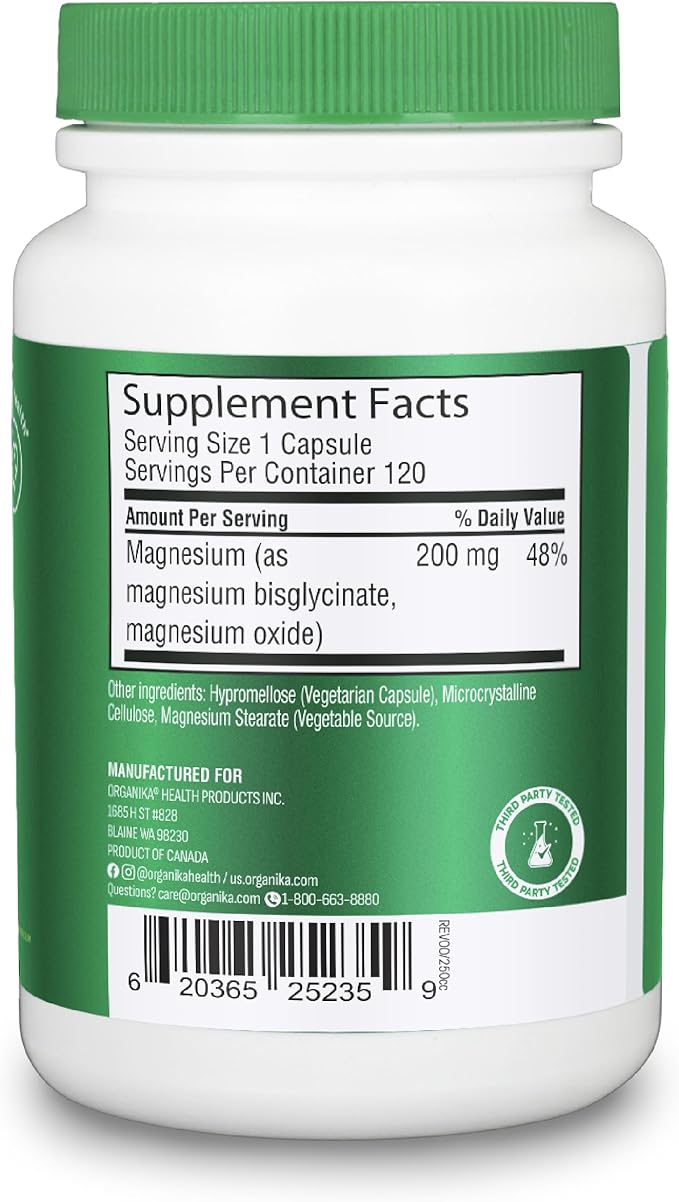 Organika Magnesium Bisglycinate 200 mg – 120 Vegetarian Capsules, Gentle on Stomach Magnesium Supplement to Support Healthy Muscle, Nerve & Bone Function