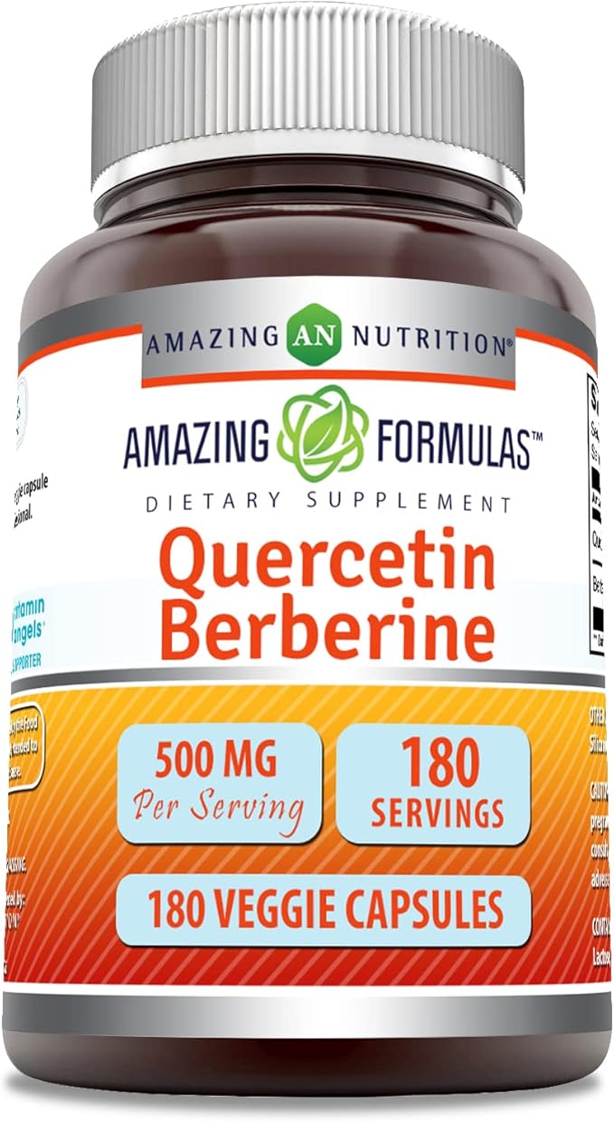 Amazing Formulas Quercetin Berberine - 250mg Berberine and 250mg Quercetin, 180 Veggie Capsules Supplement | Non-GMO | Gluten Free | Made in USA | Ideal for Vegetarians