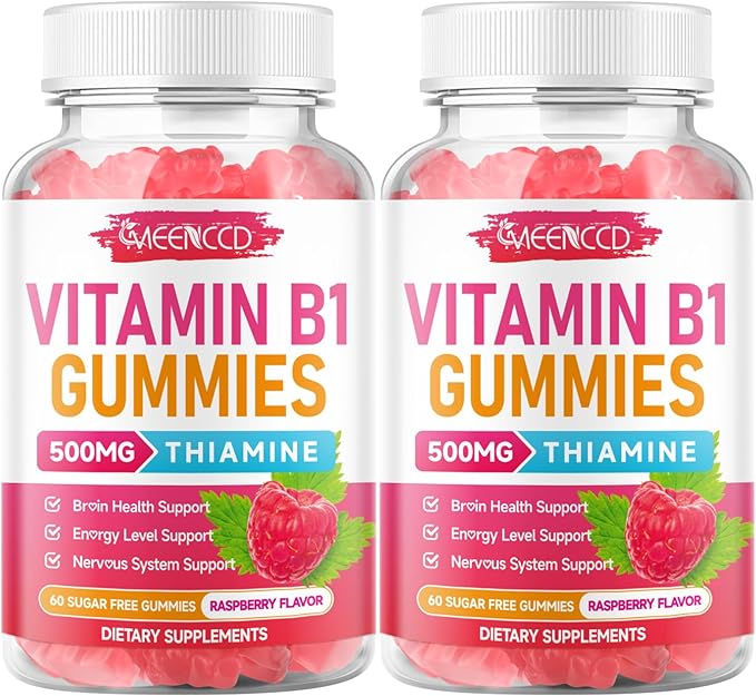 MEENCCD 2 Pack Vitamin B1 Gummies 500mg, Thiamine B1 Supplement Supports Energy Production, B1 Vitamin for Adults & Kids, Sugar-Free, Vegan, Raspberry Flavor, 120 Count
