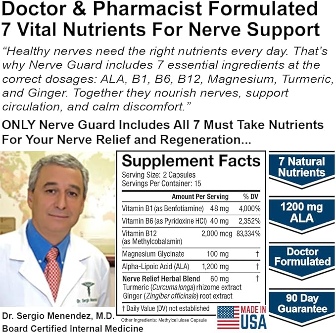 Nerve Supplement to Fortify Nerves – Doctor Formulated – Made in The USA – ALA, Vitamins B12, B6 & B1, Magnesium – 30 Capsules