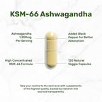 KSM 66 Ashwagandha 1,200mg with Black Pepper, 120 Veggie Capsules – Extra Strength Root Extract – High Absorption – Adaptogenic Supplements for Relaxation, Energy, & Brain Health – Non-GMO
