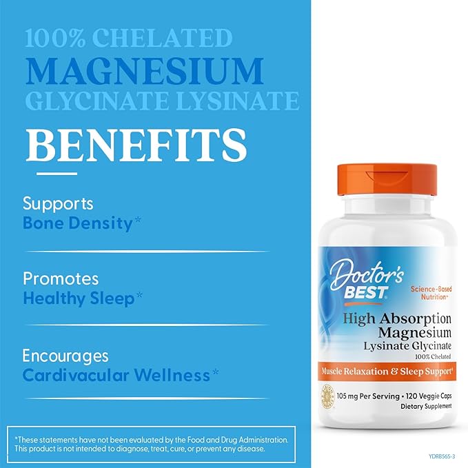 Doctor's Best High Absorption Magnesium Glycinate Lysinate Supplement for Sleep Support - Chelated Magnesium Capsules for Women & Men, 105 mg per Serving, Calm Support, Vegan - 120 Veg Caps