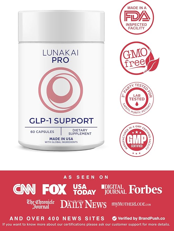 Lunakai USA Made GLP-1 Supplement - Natural GLP 1 Support with Probiotics & Resveratrol – Supports Weight Management, Cravings & Metabolism, 60ct