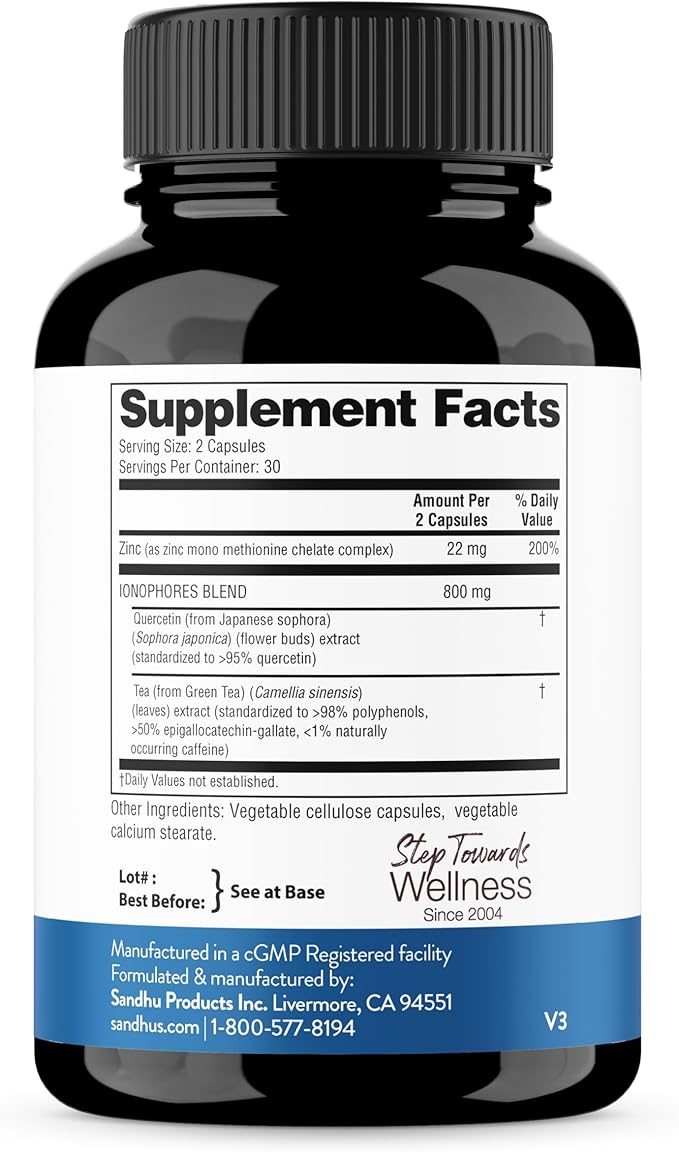 Sandhu's Zinc Supplement with Ionophores| Quercetin & Green Tea Extract for Superior Absorption and High Potency| 800mg Vegetarian Capsules 60 Count (Pack of 1)| Immune Support for Men & Women