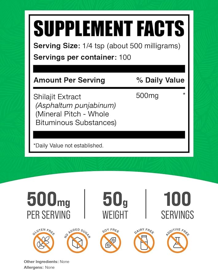 BulkSupplements.com Shilajit Extract Powder - Fulvic Acid Supplement, Shilajit Supplement - Gluten Free, 500mg per Serving of Shilajit Powder, 50g (1.8 oz) (Pack of 1)