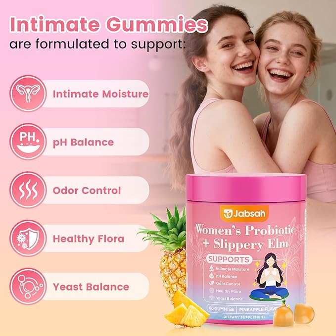 Her Juicy Feminine Probiotics Gummies for Women, Women's Probiotic Gummy with Slippery Elm - Supports pH Balance, Vaginal Health, Gut & Immune System Health for Women - Tasty Pineapple (60 Count)