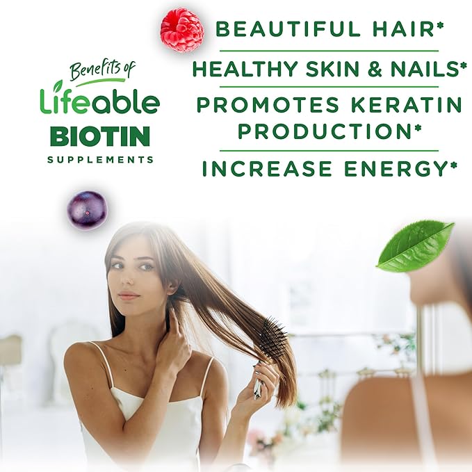 Lifeable Biotin Gummies | 10,000mcg | Great Tasting Hair Skin and Nails Gummies | GMO-Free Vegan Biotin Supplement | Hair Skin and Nails Vitamins for Women | 90 Gummies
