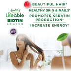Lifeable Biotin Gummies | 10,000mcg | Great Tasting Hair Skin and Nails Gummies | GMO-Free Vegan Biotin Supplement | Hair Skin and Nails Vitamins for Women | 90 Gummies