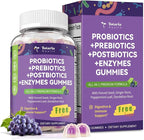 Sugar Free 5-in-1 Probiotic Prebiotic Postbiotic Gummy, 36 Strains Probiotics for Women Men with Digestive Enzymes, Peppermint, Complete Immune, Gut & Digestive Support, Vegan, 60 Ct, Grape Flavor